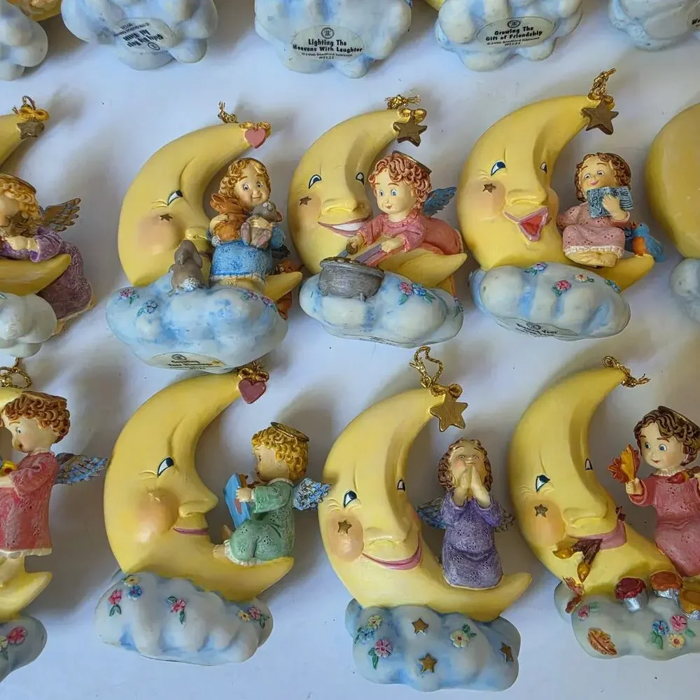 Heaven's Little Helpers Hanging Moon Angel Ornaments Porcelain Lot Of 18 Vintage